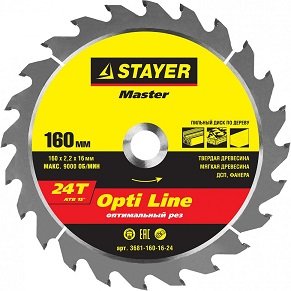 Диск пильный STAYER MASTER "OPTI-Line" по дереву, 160х16мм, 24Т