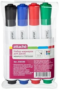Набор маркеров для белых досок Attache мокрого стирания 4 цвета (толщина линии 2-5 мм) круглый наконечник