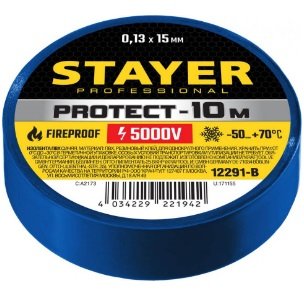 Изолента STAYER PROTECT-10, 15 мм х 10 м, 5000 В, синяя, ПВХ, Professional 12292-B