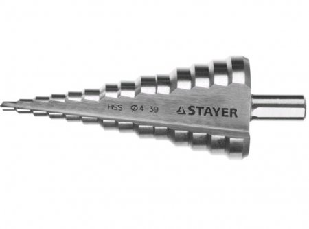 Сверло STAYER "MASTER" ступенчатое по сталям и цвет.мет., сталь HSS, d=4-30мм, 14ступ.d4-30, L-100мм, трехгран. хв.10мм